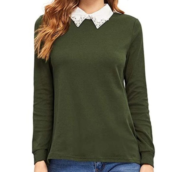 Tops - NWT Super Cute Olive Green Beaded Collared Sweater